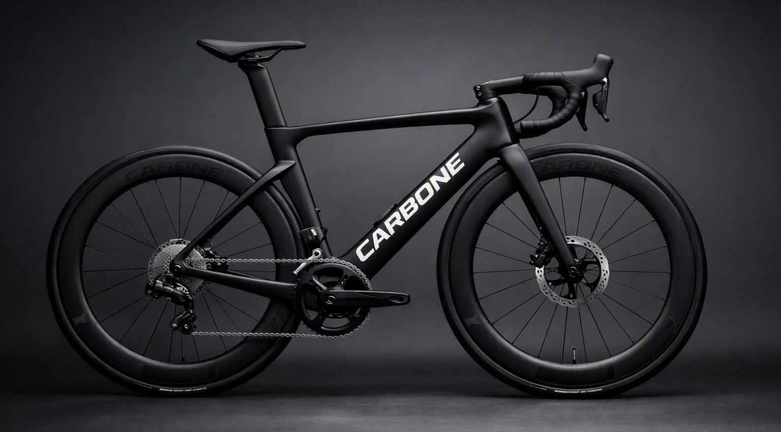 Matte black Carbone road bicycle in studio profile